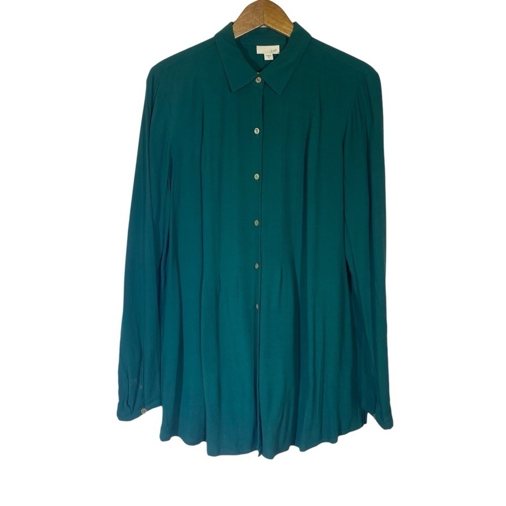 J Jill Shirt Women's Medium Dark Green Tunic Flowy Button Classic Top Blouse